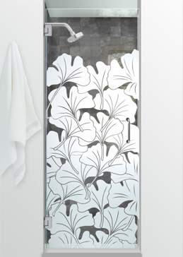 Art Glass Shower Door Featuring Sandblast Frosted Glass by Sans Soucie for Not Private with Asian Ginkgo Design