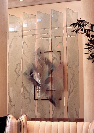 Partition featuring a Frosted Glass Abstract Design Sandblast Etched Glass Glacier Panels Design by Sans Soucie