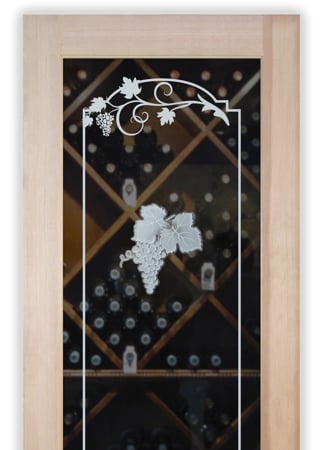 Wine Cellar Door featuring a Frosted Glass Grapes & Ivy Design Sandblast Etched Glass Grape Cluster Grape Ivy Design by Sans Soucie