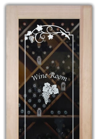 Wine Cellar Door featuring a Frosted Glass Grapes & Ivy Design Sandblast Etched Glass Grape Cluster Grape Ivy with Text Design by Sans Soucie