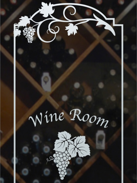 Handmade Sandblasted Frosted Glass Wine Insert for Semi-Private Featuring a Grapes & Ivy Design Grape Cluster Grape Ivy with Text by Sans Soucie