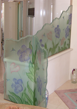 Handmade Sandblasted Frosted Glass Divider for Private Featuring a Tropical Design Hibiscus Anthurium by Sans Soucie
