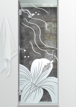 Not Private Shower Door with Sandblast Etched Glass Art by Sans Soucie Featuring Hibiscus Ripples Tropical Design