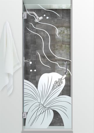 Shower Door showcasing a Frosted Glass Tropical Design with Sandblast Etched Glass Art by Sans Soucie Hibiscus Ripples Design