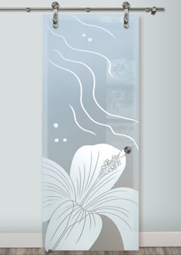 Private Sliding Glass Barn Door with Sandblast Etched Glass Art by Sans Soucie Featuring Hibiscus Ripples Tropical Design