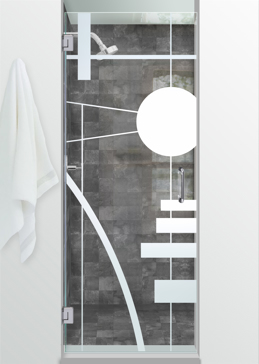 Handcrafted Etched Glass Shower Door by Sans Soucie Art Glass with Custom Geometric Design Called Interval Creating Not Private