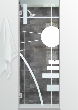 Shower Door featuring Frosted Glass Design Etched Glass by Sans Soucie Art Glass with Custom Geometric Design Interval