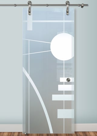 Glass Barn Door featuring Frosted Glass Design Etched Glass by Sans Soucie Art Glass with Custom Geometric Design Interval