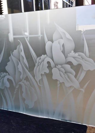 Partition with a Frosted Glass Iris Floral Design for Private by Sans Soucie Art Glass