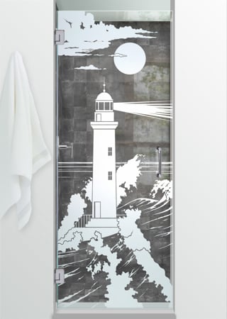 Shower Door featuring Frosted Glass Design Etched Glass by Sans Soucie Art Glass with Custom Oceanic Design Lighthouse Beaming