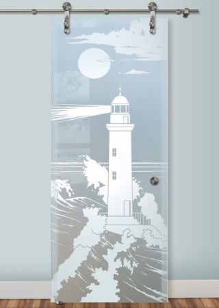 Glass Barn Door featuring Frosted Glass Design Etched Glass by Sans Soucie Art Glass with Custom Oceanic Design Lighthouse Beaming