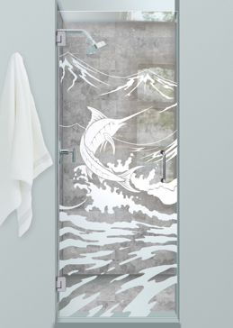 Shower Door with a Frosted Glass Marlin Oceanic Design for Not Private by Sans Soucie Art Glass