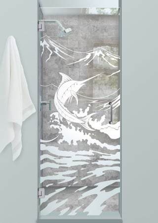 Shower Door with a Frosted Glass Marlin Oceanic Design for Semi-Private by Sans Soucie Art Glass