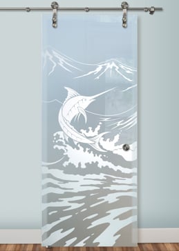 Sliding Glass Barn Door with a Frosted Glass Marlin Oceanic Design for Private by Sans Soucie Art Glass
