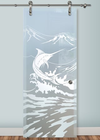 Glass Barn Door with a Frosted Glass Marlin Oceanic Design for Private by Sans Soucie Art Glass