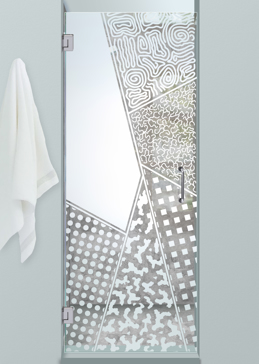 Not Private Shower Door with Sandblast Etched Glass Art by Sans Soucie Featuring Matrix Angles Abstract Design