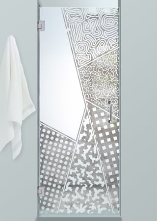 Shower Door showcasing a Frosted Glass Geometric Design with Sandblast Etched Glass Art by Sans Soucie Matrix Angles Design