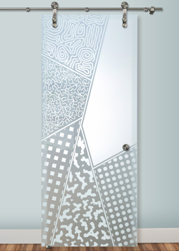 Private Sliding Glass Barn Door with Sandblast Etched Glass Art by Sans Soucie Featuring Matrix Angles Abstract Design