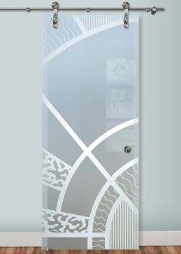 Sliding Glass Barn Door with a Frosted Glass Matrix Arcs Geometric Design for Private by Sans Soucie Art Glass