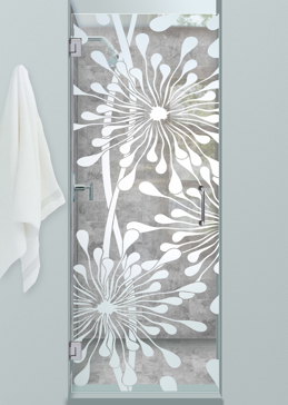 Handmade Sandblasted Frosted Glass Shower Door for Not Private Featuring a Geometric Design Maypop by Sans Soucie