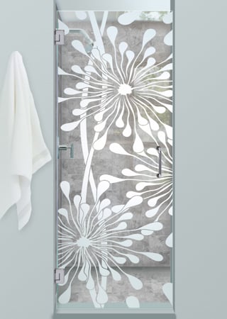 Shower Door featuring a Frosted Glass Geometric Design Sandblast Etched Glass Maypop Design by Sans Soucie