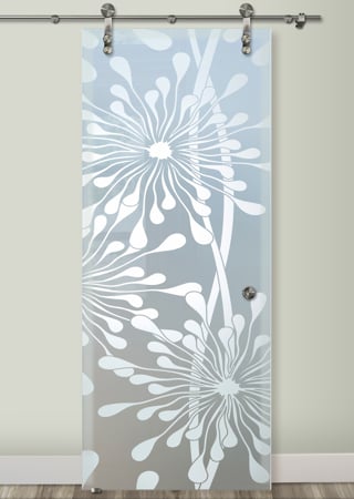 Glass Barn Door featuring a Frosted Glass Geometric Design Sandblast Etched Glass Maypop Design by Sans Soucie