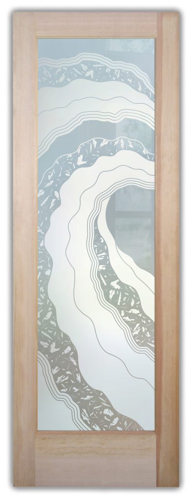 Metacurl design on 1D etched frosted glass door with moderate privacy and flowing wave lines.