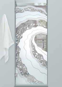 Custom-Designed Decorative Shower Door with Sandblast Etched Glass by Sans Soucie Art Glass Handcrafted by Glass Artists