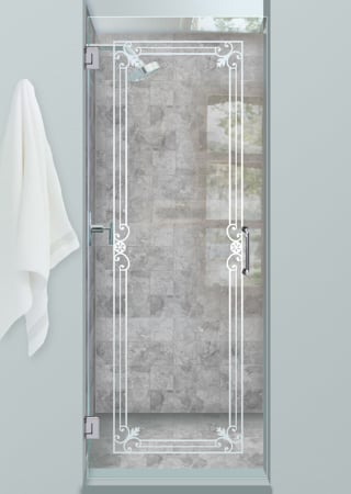 Shower Door with a Frosted Glass Miranda Wrought Iron Design for Semi-Private by Sans Soucie Art Glass