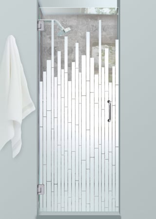Shower Door featuring Frosted Glass Design Etched Glass by Sans Soucie Art Glass with Custom Geometric Design Mosaics