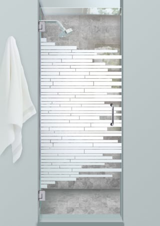Shower Door featuring Frosted Glass Design Etched Glass by Sans Soucie Art Glass with Custom Geometric Design Mosaics Horizontal