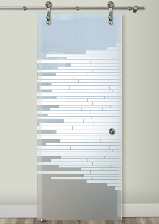 Glass Barn Door featuring Frosted Glass Design Etched Glass by Sans Soucie Art Glass with Custom Geometric Design Mosaics Horizontal