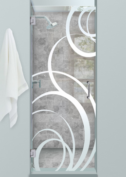 Handcrafted Etched Glass Shower Door by Sans Soucie Art Glass with Custom Geometric Design Called Motion Creating Not Private