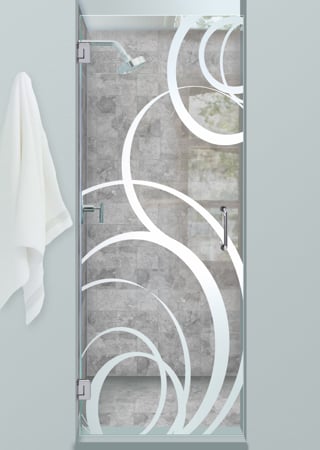 Shower Door featuring Frosted Glass Design Etched Glass by Sans Soucie Art Glass with Custom Geometric Design Motion