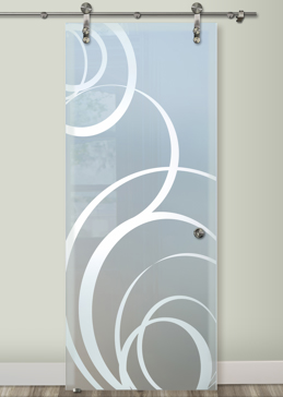 Handcrafted Etched Glass Glass Barn Door by Sans Soucie Art Glass with Custom Geometric Design Called Motion Creating Semi-Private