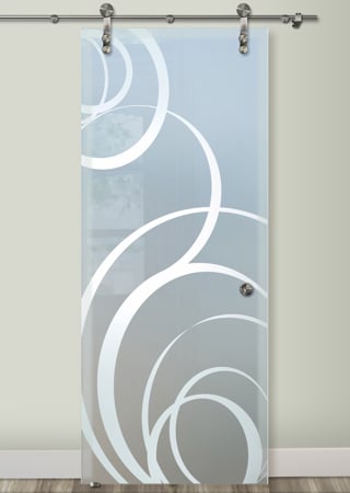 Glass Barn Door featuring Frosted Glass Design Etched Glass by Sans Soucie Art Glass with Custom Geometric Design Motion