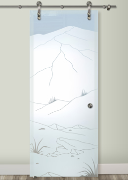 Sliding Glass Barn Door with Frosted Glass Landscapes Mountains Foliage Design by Sans Soucie