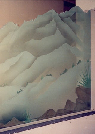 Partition with Frosted Glass Desert Mountains Foliage II Design by Sans Soucie