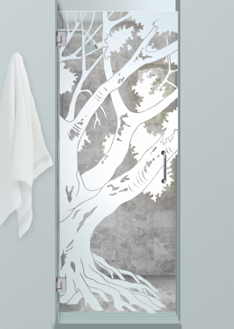 Not Private Shower Door with Sandblast Etched Glass Art by Sans Soucie Featuring Oak Tree II Trees Design