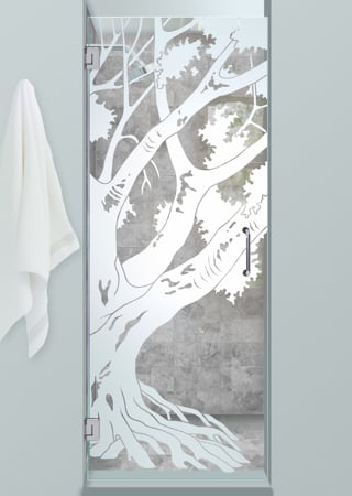 Shower Door showcasing a Frosted Glass Tree Design with Sandblast Etched Glass Art by Sans Soucie Oak Tree II Design
