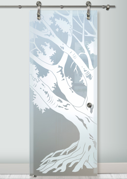 Private Sliding Glass Barn Door with Sandblast Etched Glass Art by Sans Soucie Featuring Oak Tree II Trees Design