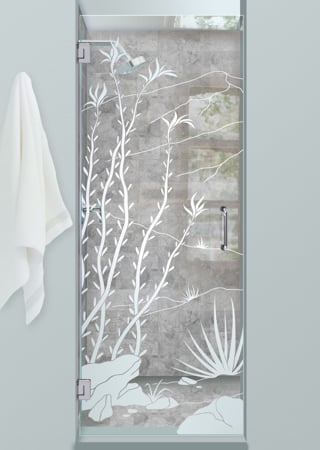 Shower Door showcasing a Frosted Glass Desert Design with Sandblast Etched Glass Art by Sans Soucie Ocotillo Design