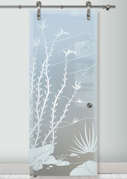 Private Sliding Glass Barn Door with Sandblast Etched Glass Art by Sans Soucie Featuring Ocotillo Desert Design