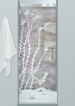 Not Private Shower Door with Sandblast Etched Glass Art by Sans Soucie Featuring Ocotillo Roadrunner Desert Design
