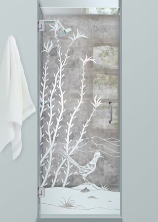 Shower Door showcasing a Frosted Glass Desert Design with Sandblast Etched Glass Art by Sans Soucie Ocotillo Roadrunner Design