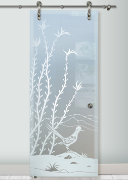 Private Sliding Glass Barn Door with Sandblast Etched Glass Art by Sans Soucie Featuring Ocotillo Roadrunner Desert Design