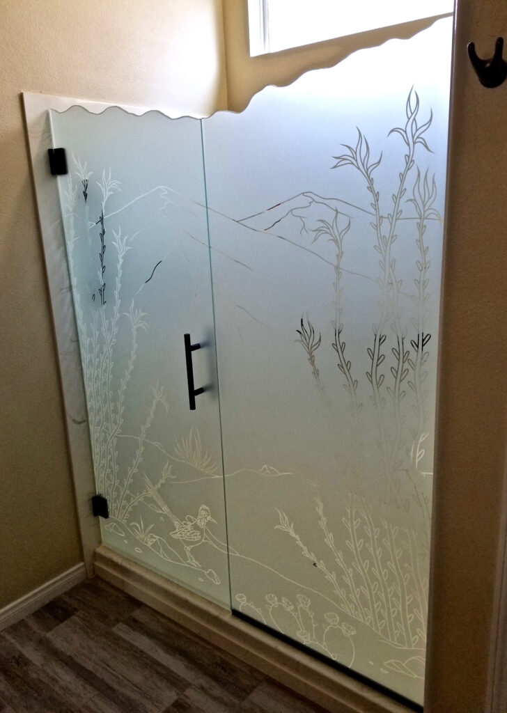 Decorative frameless frosted glass shower door