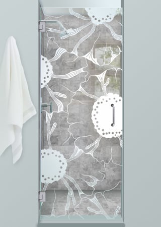 Shower Door with a Frosted Glass OKeefe Floral Design for Semi-Private by Sans Soucie Art Glass