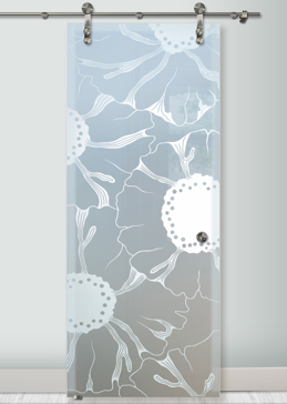 Sliding Glass Barn Door with a Frosted Glass OKeefe Floral Design for Private by Sans Soucie Art Glass