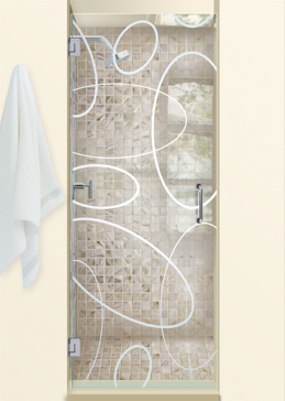 Handcrafted Etched Glass Shower Door by Sans Soucie Art Glass with Custom Geometric Design Called Ovals Overlap Creating Not Private